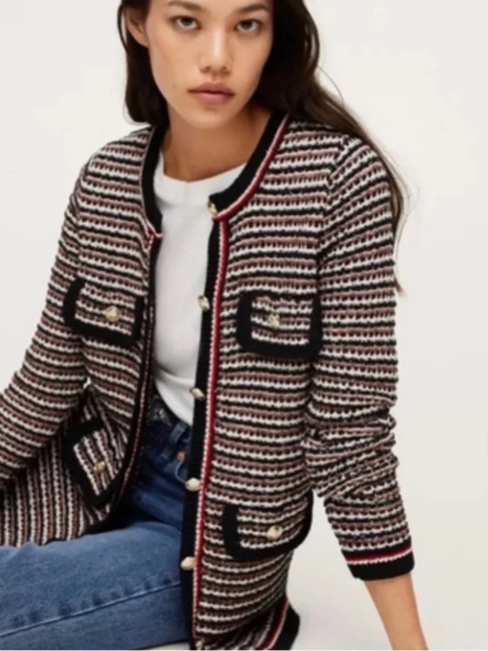 Mango Women's Striped Tweed Blazer Jacket Small